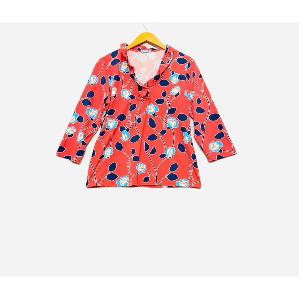 J McLaughlin Top Floral Popover Ruffle Collar Stretch Catalina Cloth Artsy Sz XL